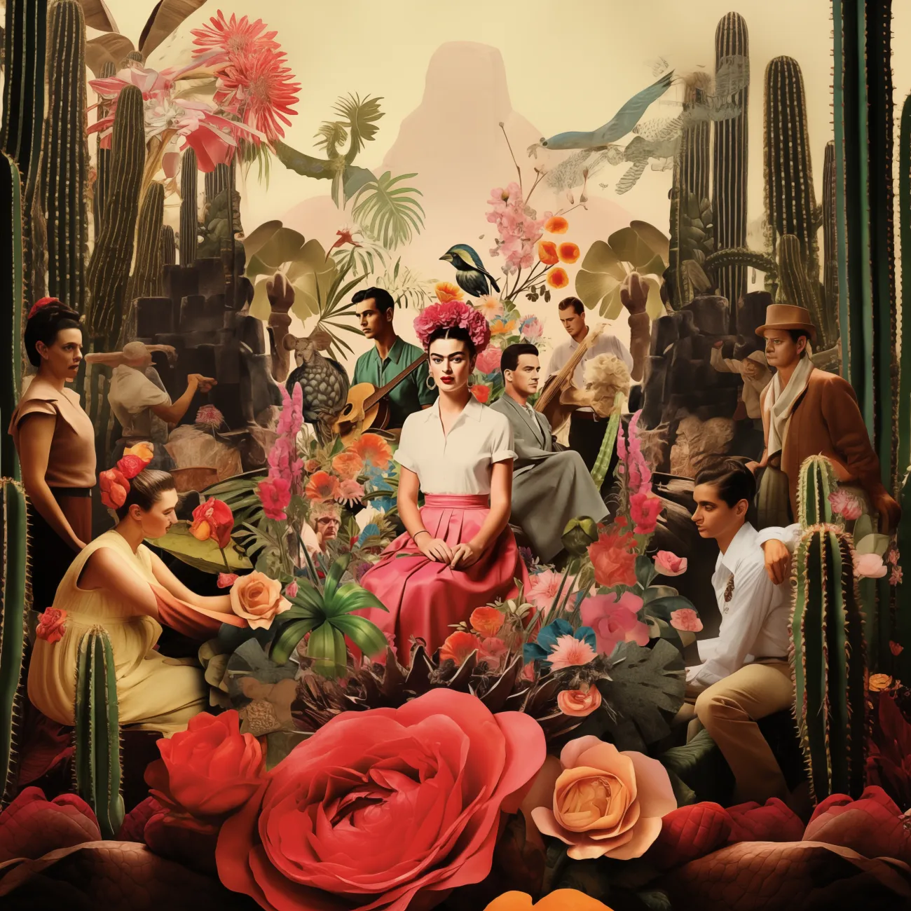 Illustrative Bildwelt von Joe Peña's — Menschen im blühenden mexikanischen Garten